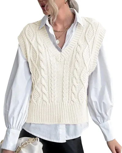 Vista 20 de Chaleco de suéter para mujer Lueluye V cuello sin mangas de punto sólido casual acanalado estilo preppy Beige