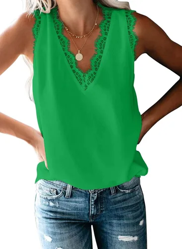 Vista 85 de VIISHOW - Camiseta sin mangas, sexy, con cuello en V y bordes de encaje para mujer, camisola de vestir, camisas de gasa, sin mangas, casuales