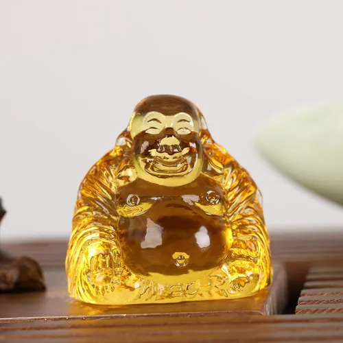 Vista 2 de Estatua de Buda sonriente de cristal curativo, mini figura de Buda feliz de la suerte, adorno de meditación Feng Shui para escritorio, automóvil