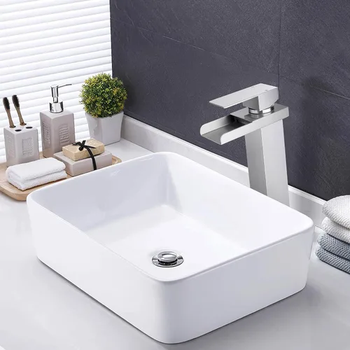 Vista 8 de Herogo Grifo de lavabo de baño, níquel cepillado de una sola manija, grifo alto de fregadero de baño con drenaje emergente y 2 líneas de suministro