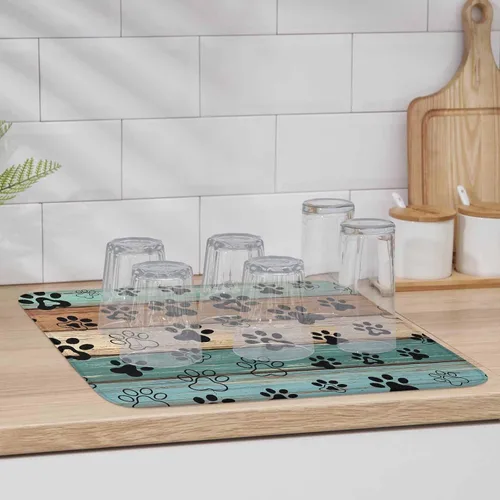 Vista 6 de Tapete de secado de platos con estampado de patas de perro para encimera de cocina, tapete de secado de platos de madera verde azulado, marrón
