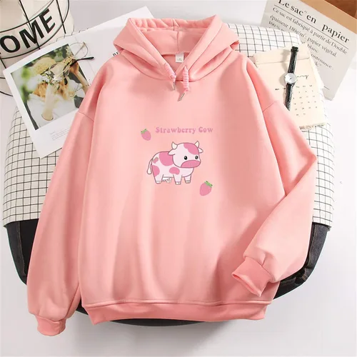 Vista 3 de Sudaderas con capucha para mujer con estampado de vaca de fresa casual mullidas