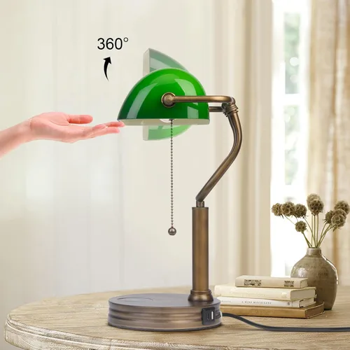 Vista 6 de Lámpara de Banco de Vidrio Verde, Lámpara de Escritorio Retro con Puerto de Carga Inalámbrica USB, Lámpara de Mesa con Cadena Clásica, para Mesita