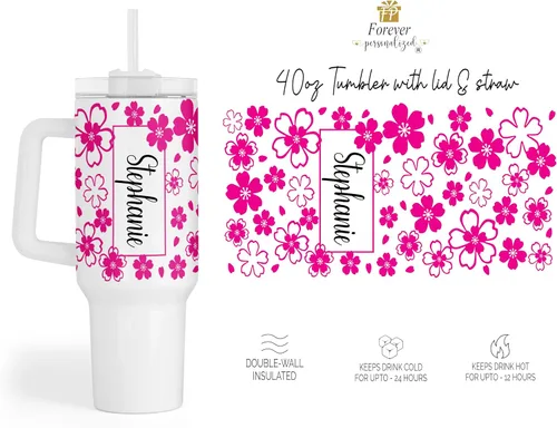 Vista 7 de Vaso personalizado de 40 onzas con asa y pajita, vaso aislado de acero inoxidable, taza de viaje, taza de café de doble pared para bebidas frías