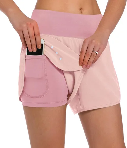Vista 12 de Ksmien - Pantalones cortos de correr 2 en 1 para mujer, ligeros, para entrenamiento, gimnasio, yoga, forro con bolsillos para teléfono