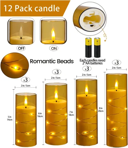 Vista 5 de ACROSS Velas de ámbar sin llama con tira de luces, funciona con pilas, velas LED de pilar de 5, 6, 7, 8 pulgadas, con control remoto, juego de 12