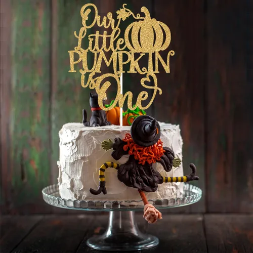 Vista 6 de Purpurina dorada, "Our Little Pumpkin is One Cake Topper, Little Pumpkin/Sweet Little Pumpkin/Pumpkin One, calabaza, otoño, temática, decoración
