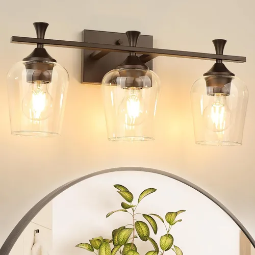 Vista 9 de Lámpara de tocador de baño de 3 luces, accesorios de iluminación de baño negros sobre el espejo, apliques de pared modernos con pantalla de vidrio