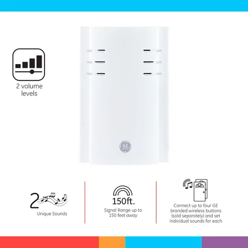 Vista 2 de Kit de timbre inalámbrico GE, receptor enchufable, timbre de puerta con 1 botón, timbre de puerta con 2 melodías, 4 niveles de volumen, timbre
