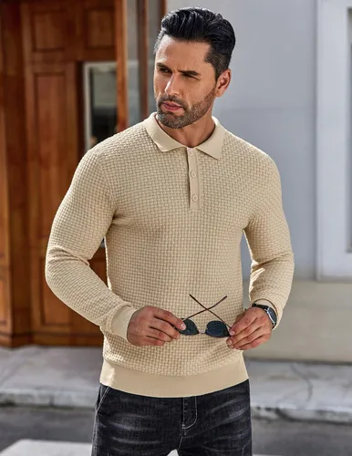 Vista 5 de COOFANDY Polo de punto para hombre, de manga larga, ligero, a la moda, informal, con cuello