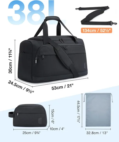 Vista 5 de BAGSMART - Bolsa de lona para viajes, bolsas de mano para hombre, bolsas de lona para viajar con bolsa de aseo, Negro, 38L, Viaje