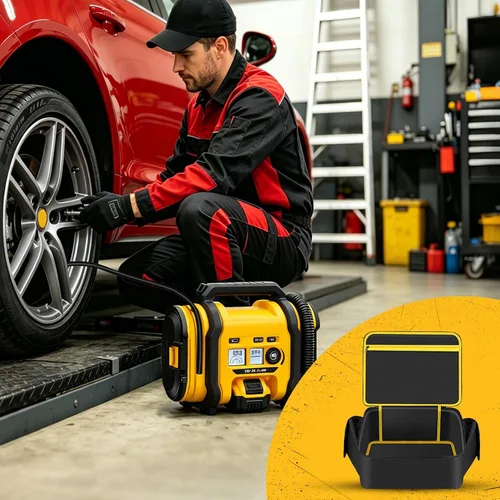 Vista 7 de Bolsa de compresor de aire compatible con el inflador de neumáticos DEWALT 20V Max (DCC020IB), funda de inflador portátil compatible