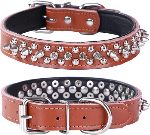 Vista 16 de Collar de perro con tachuelas, collar de perro de cuero genuino, collares ajustables para mascotas pequeñas o medianas (S, negro-1)