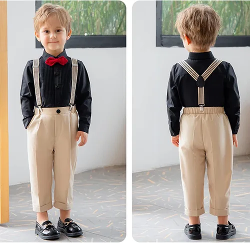 Vista 7 de Pifiko - Ropa de vestir para niño, traje formal para niños, camisa + corbatín + chaleco + pantalones con tirantes para niños