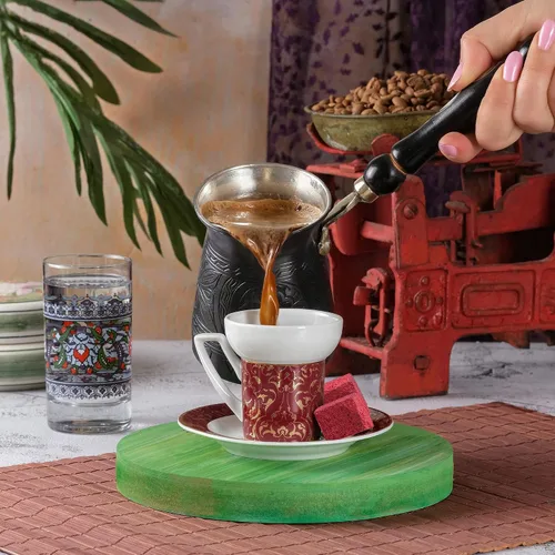 Vista 4 de BCS Cafetera turca griega árabe de cobre de 12 onzas con mango de madera (4 porciones) Cezve Ibrik Briki Cafetera con cuchara de madera
