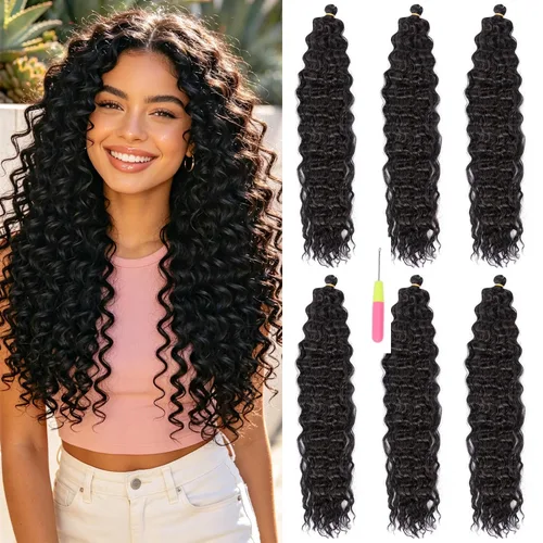 Vista 11 de MAYSA Cabello ondulado de ganchillo azul, cabello ondulado con ganchillo para mujer, extensiones de cabello sintético de onda profunda de 22