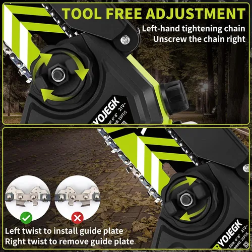 Vista 4 de RYOJEGK Mini motosierra inalámbrica de 6 y 8 pulgadas, instalación sin herramientas, pequeña motosierra de mano con 4 guías y cadena, Motosierra