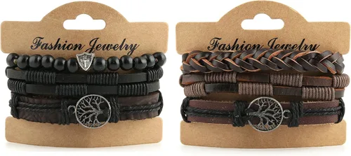 Vista 2 de HZMAN Pulseras de cuero genuino con diseño de árbol de la vida para hombres y mujeres, diseño de ojo de tigre, piedra natural, cuentas de roca
