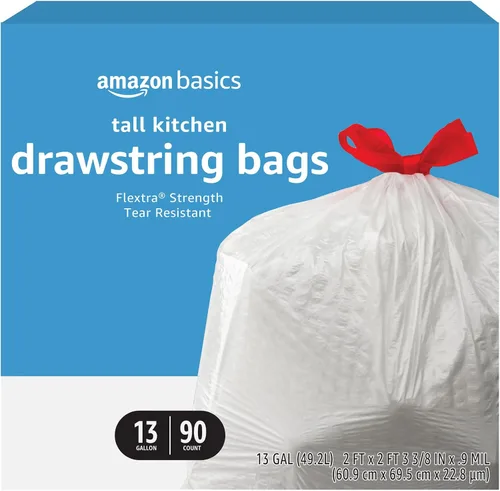 Vista 8 de Amazon Basics Flextra - Bolsas de basura altas con cordón para cocina, 13 galones, sin perfume, 50