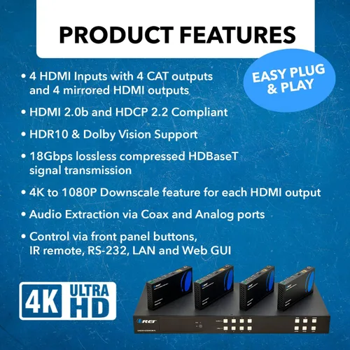 Vista 7 de OREI Extensor Matriz Switch 4x4 400ft 4K HDBaseT PoC bidireccional IR CEC Extensor de conmutadores de matriz, matriz HDMI HDBaseT - 18 Gbps, Dolby