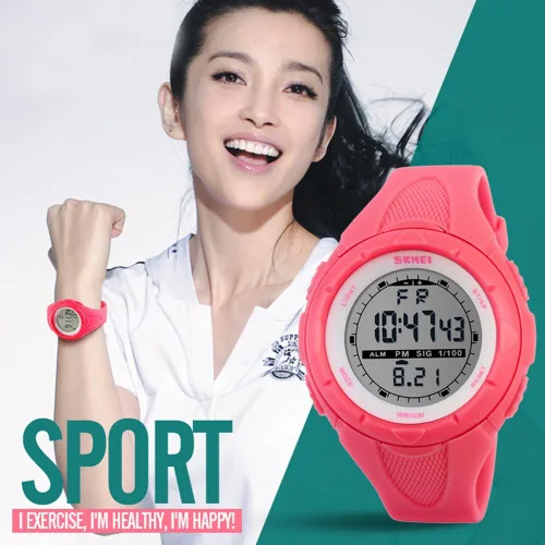 Vista 3 de Skmei digital reloj deportivo mujeres impermeable el retroiluminación pu banda pequeña Militar relojes de pulsera chica al aire libre