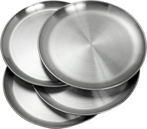 Vista 4 de CAMBUY Juego de platos de acero inoxidable de 10 pulgadas, platos de metal ligeros irrompibles para cena, no tóxicos, aptos para lavavajillas, sin
