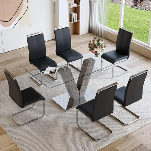 Vista 6 de Gopop Juego de mesa de comedor de cristal para 6, mesa de comedor gris con 6 sillas de comedor de piel sintética, mesa de cocina de 71 pulgadas