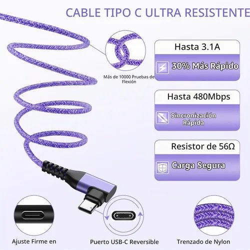 Vista 4 de Cable USB tipo C de 6 pies, paquete de 3 cables de carga rápida en ángulo