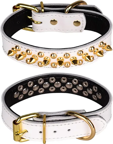 Vista 25 de Collar de perro con tachuelas, collar de perro de cuero genuino, collares ajustables para mascotas pequeñas o medianas (S, negro-1)