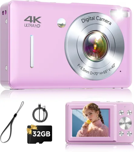 Vista 8 de Cámara digital, 44MP FHD 1080P apunta y dispara, cámara digital con antivibración, pequeña cámara digital con detección facial, tarjeta SD de 32 GB