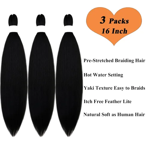 Vista 4 de Pelo trenzado corto 1B negro preestirado Extensiones de pelo trenzado para niños para trenzas de caja sin nudos, pelo trenzado preestirado de 16