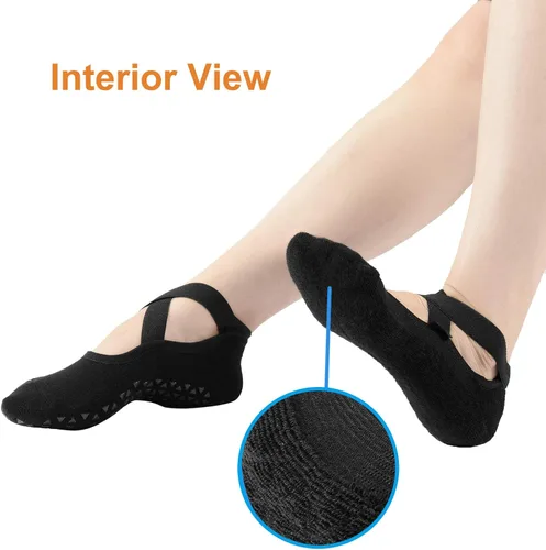 Vista 3 de Pauboland Paquete de 6 calcetines acolchados negros para mujer, antideslizantes, piyo barre, pilates, ballet, yoga, con agarres, talla 4-9