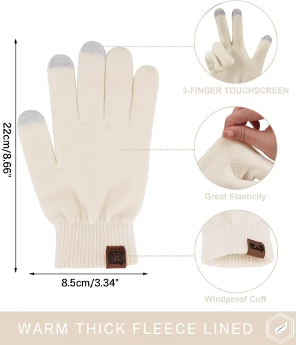 Vista 2 de Guantes de mujer de invierno con pantalla táctil de lana mágicos y cálidos de punto con forro de vellón para mujer Beige