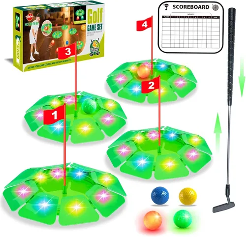 Vista 9 de VATOS Juego de juguetes de golf para niños, juego de golf iluminado con tapete de putting de 6.5 pies, putter de golf, 3 agujeros, 4 bolas