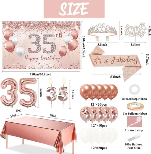Vista 2 de Juego de arco de globos de oro rosa para cumpleaños número 35 para mujer