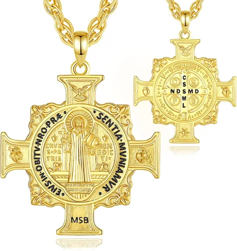 Vista 22 de EUDORA Medalla de plata de ley S925 con collar de San Patrono para mujeres A01-Saint Benedict Medalla