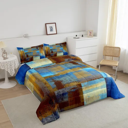 Vista 3 de Erosebridal - Juego de ropa de cama con edredón a cuadros de retazos tamaño individual, aguada geométrica en cuadrícula, conjunto retro grunge