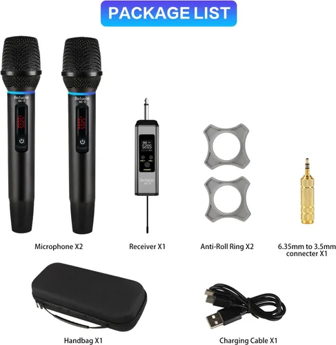 Vista 7 de Micrófono inalámbrico recargable UHF para cantar con bolso, micrófono dinámico de mano de metal con receptor, micrófono de karaoke inalámbrico