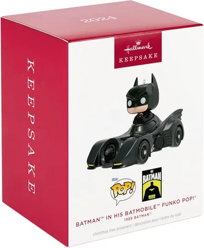 Vista 3 de Hallmark Keepsake Adorno de Navidad 2024, DC 1989 Batman en su Batmobile Funko POP!, regalos de superhéroes