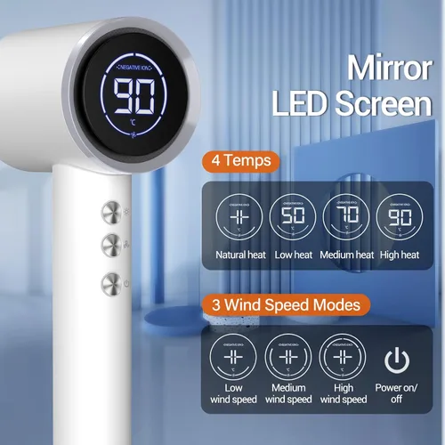 Vista 2 de Secador de pelo de alta velocidad de 110,000 RPM para secado rápido, secador de pelo iónico con difusor, boquilla magnética y pantalla LED, secador