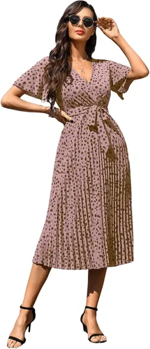 Vista 5 de Floerns Vestido midi plisado de manga corta con cuello en V y cinturón para mujer