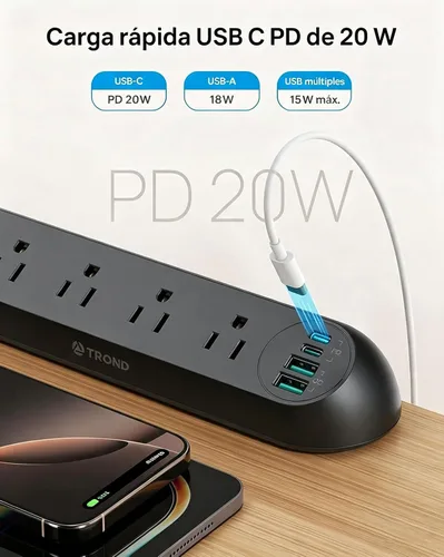 Vista 4 de TROND Regleta de alimentación con abrazadera de escritorio USB C PD 20 W, protector de sobretensiones con 4 salidas de CA, 4 puertos USB, cable