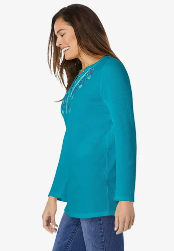 Vista 4 de Woman Within Camiseta térmica Henley bordada en tallas grandes para mujer
