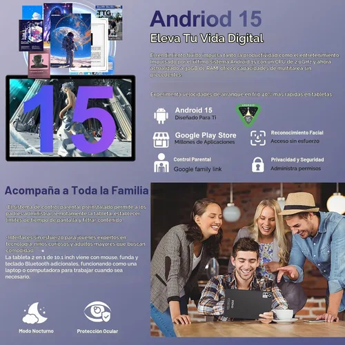 Vista 4 de Tablet Android 15 2025 con teclado Gemini AI, Tablets de electrónica de 30GB+128GB de ocho núcleos con pantalla IPS HD de 10 pulgadas, 8000mAh