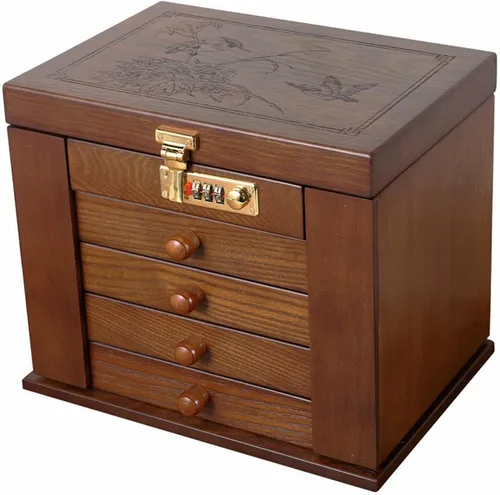 Vista 6 de Caja de almacenamiento multifuncional de madera, caja organizadora de madera maciza con cerradura combinada para joyas, relojes, collares, anillos