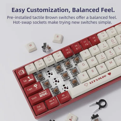 Vista 4 de AK680 - Teclado mecánico compacto con cable, diseño rojo y blanco, 68 teclas, interruptor táctil marrón intercambiable en caliente, teclado