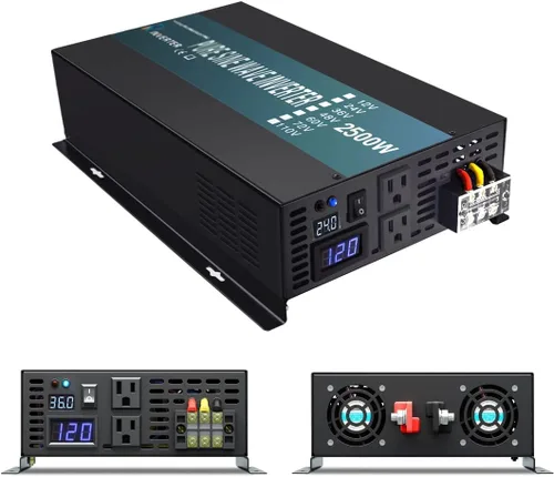 Vista 6 de WZRELB Inversor de corriente de onda sinusoidal pura de 2500 W, 12 VCC a 120 VCA, 60 Hz, salidas de CA duales, 2 puertos USB de 2.4 A y terminal