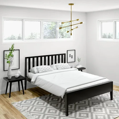 Vista 11 de Plank+Beam Base de cama individual moderna de madera maciza con cabecera de listones, plataforma escandinava con soporte de listones de madera, Negro