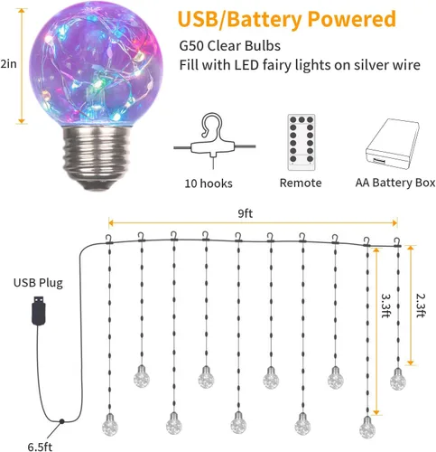 Vista 4 de YOLIGHT Wishing - Luces de cortina de 200 luces LED para ventana con control remoto, funciona con pilas USB, luces de hadas de globo parpadeante