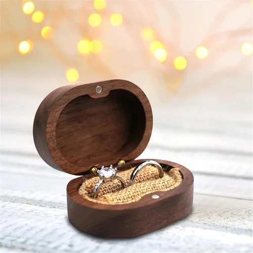 Vista 2 de Caja de anillo de boda personalizada para ceremonia, caja de anillo ovalada de madera, caja de soporte para anillos de boda para él y ella, caja